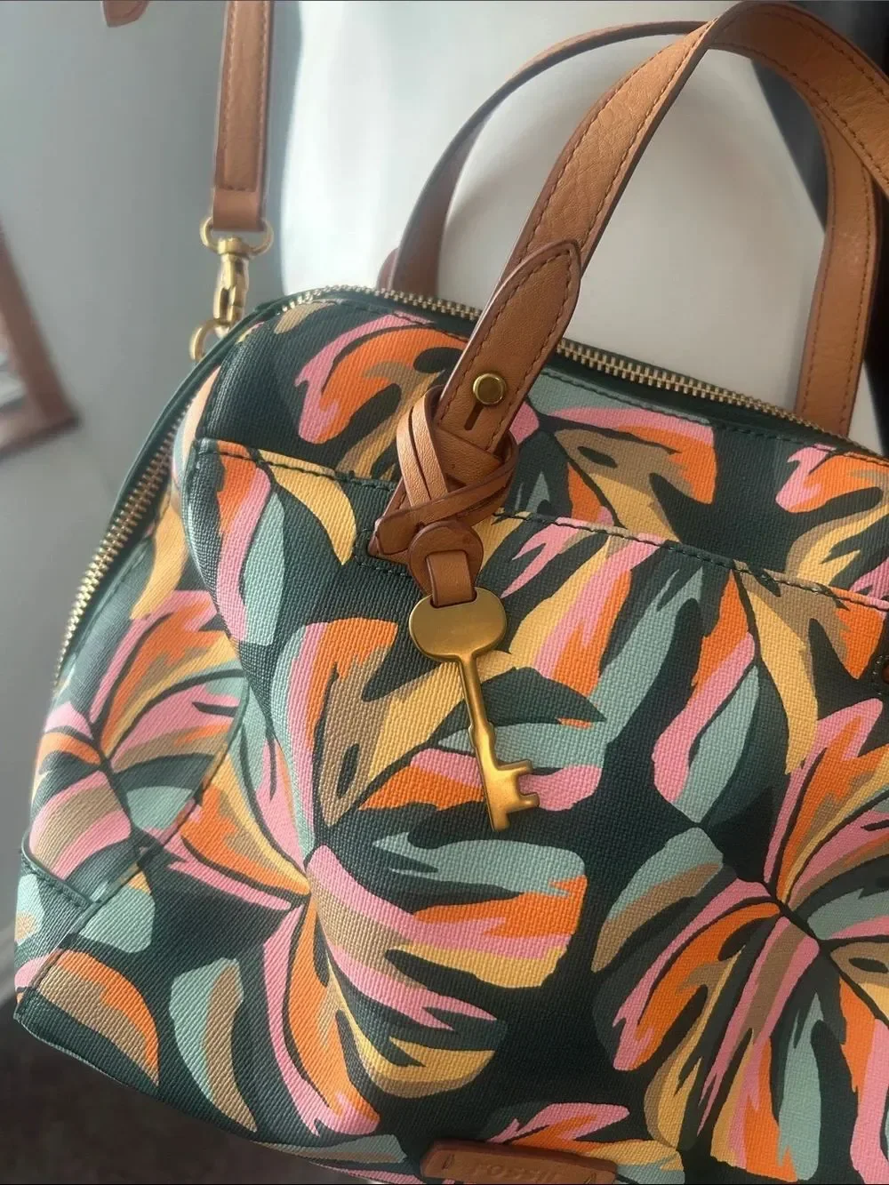 Fossil Rachel Tropical Leaf Print Pink/Green satchel/crossbody